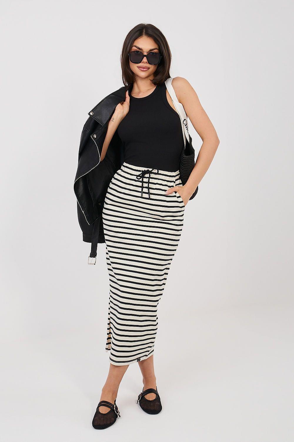 Sublevel striped midi pencil skirt, black-and-white with front drawstring waist.