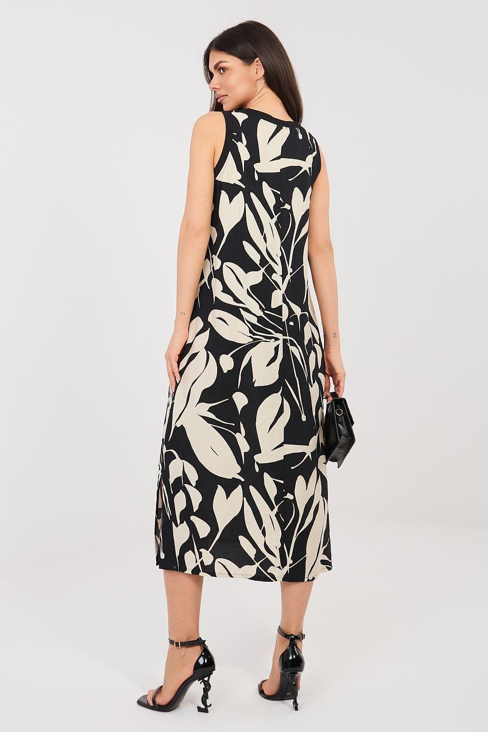 Black sleeveless midi day dress with cream leaf print, back view