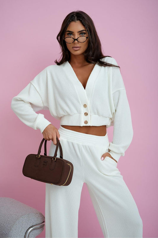 2-piece lounge set with cream button-up cropped cardigan and wide-leg pants