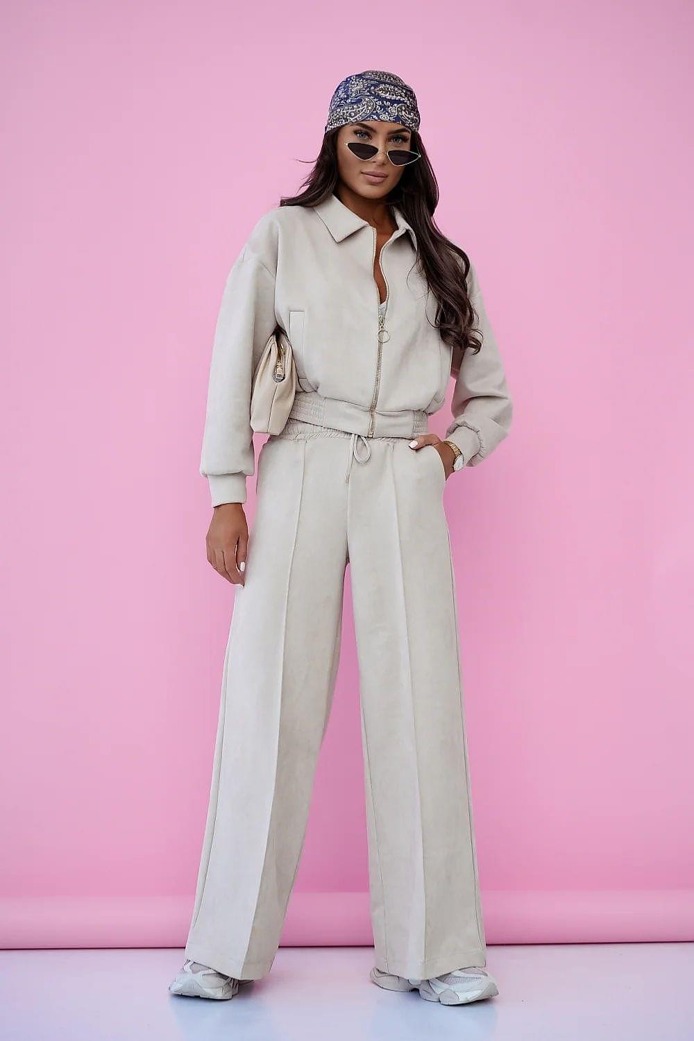 Light beige zip-up hoodie and wide-leg pants set with drawstring waist