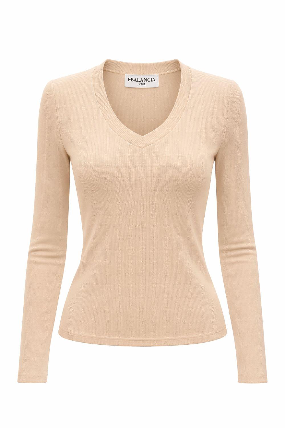 Light beige long-sleeve knit blouse with V-neck