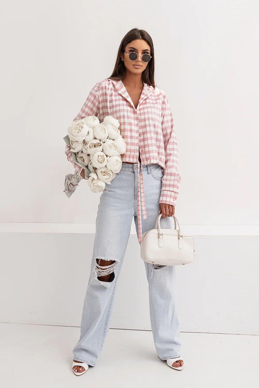 Pink plaid long-sleeve shirt with pointed collar and button front