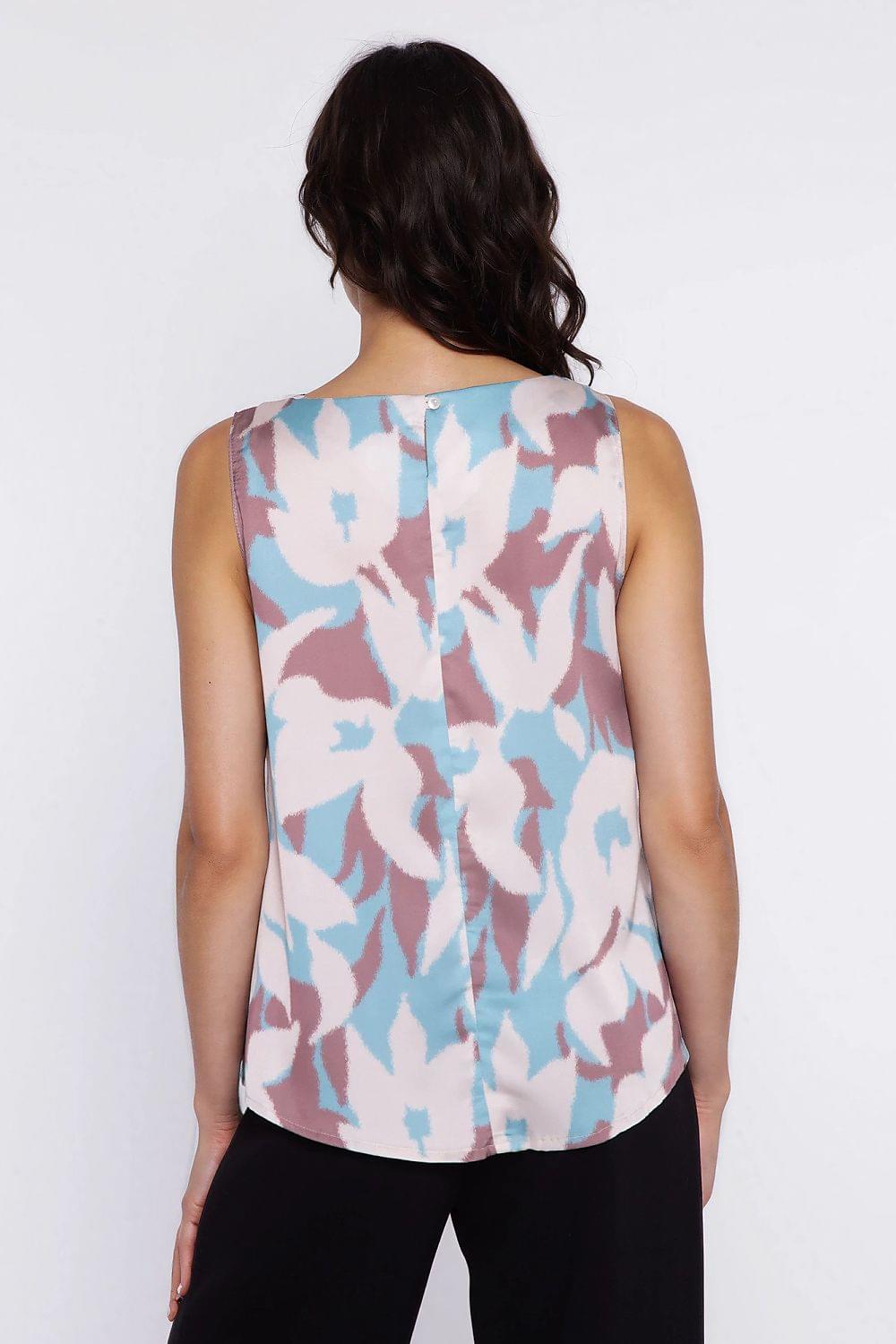 Back view of sleeveless abstract-print blouse in pastel blue and pink