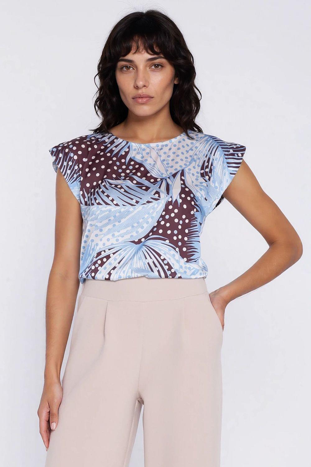 Front multicolor printed blouse with cap sleeves and abstract swirl and dot pattern