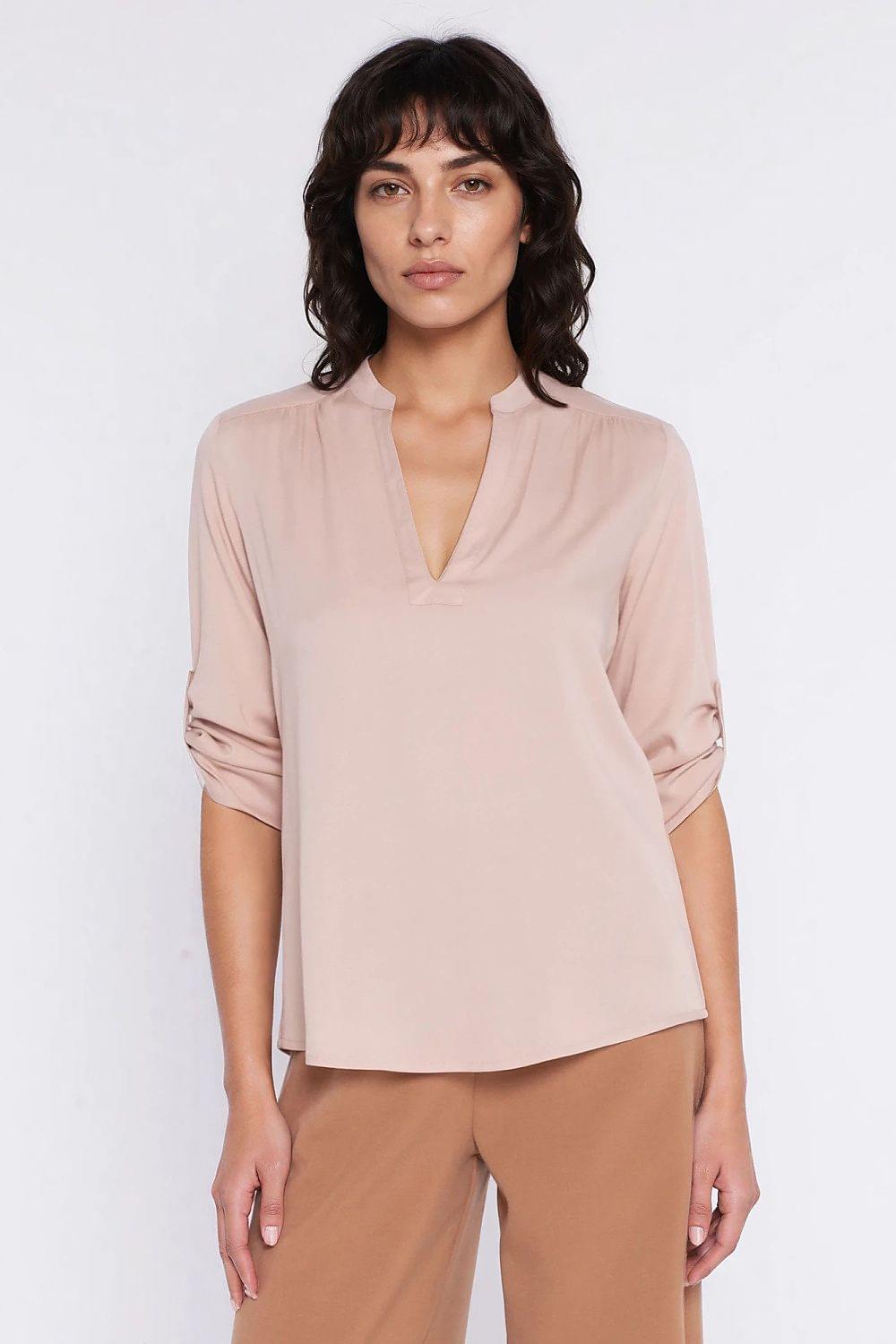Blush pink V-neck blouse with half sleeves and gathered cuff detail