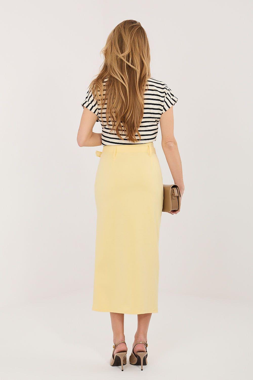 Yellow midi pencil skirt, back view, with center seam