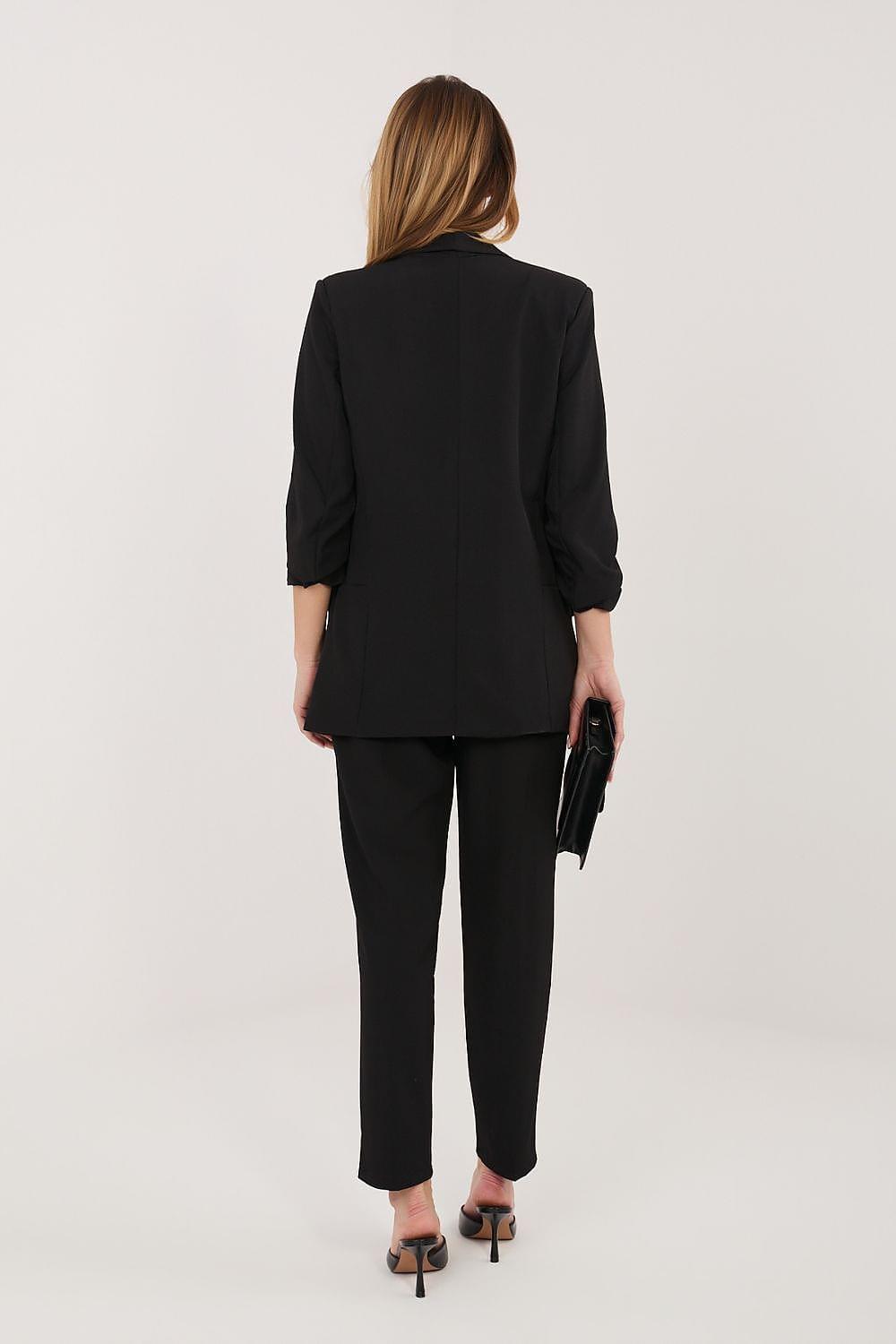 Women's black blazer and matching trousers set, back view, 3/4 sleeves