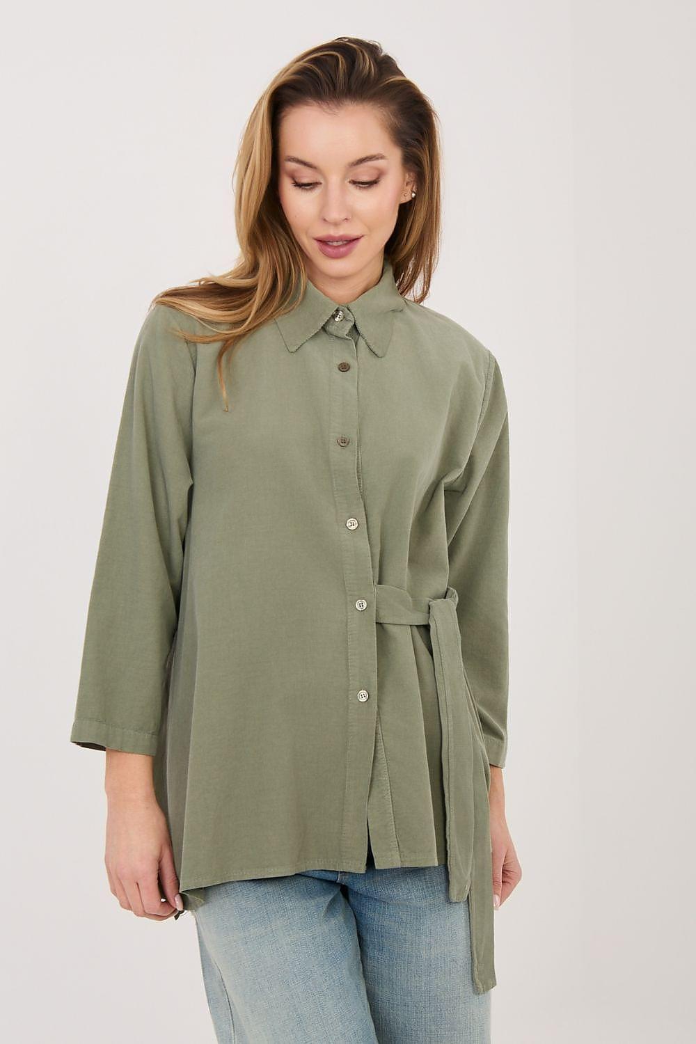 Olive green long sleeve button-front shirt with waist tie
