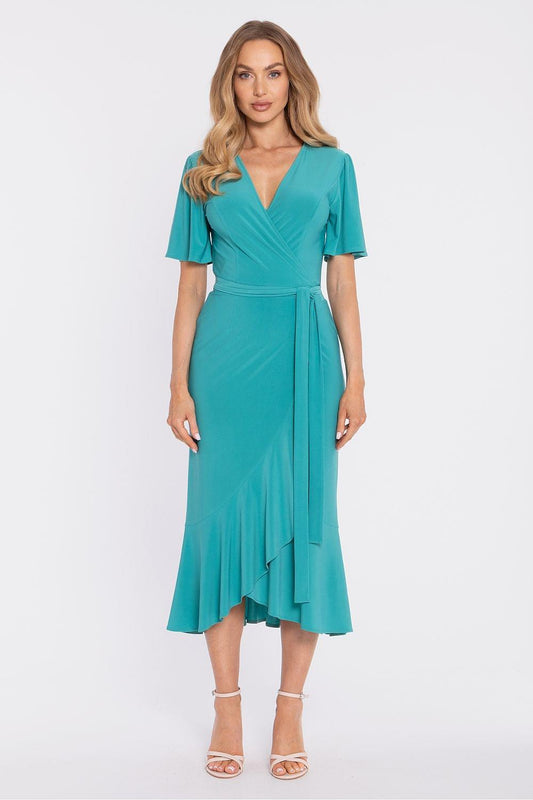 Teal V-neck wrap daydress with short sleeves, tie belt, and layered ruffle midi skirt