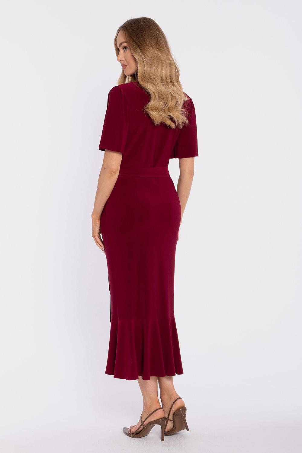 Red V-neck midi daydress with short sleeves, wrap waist and draped side slit