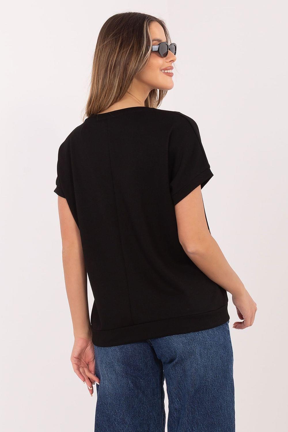 Black V-neck short-sleeve blouse back view
