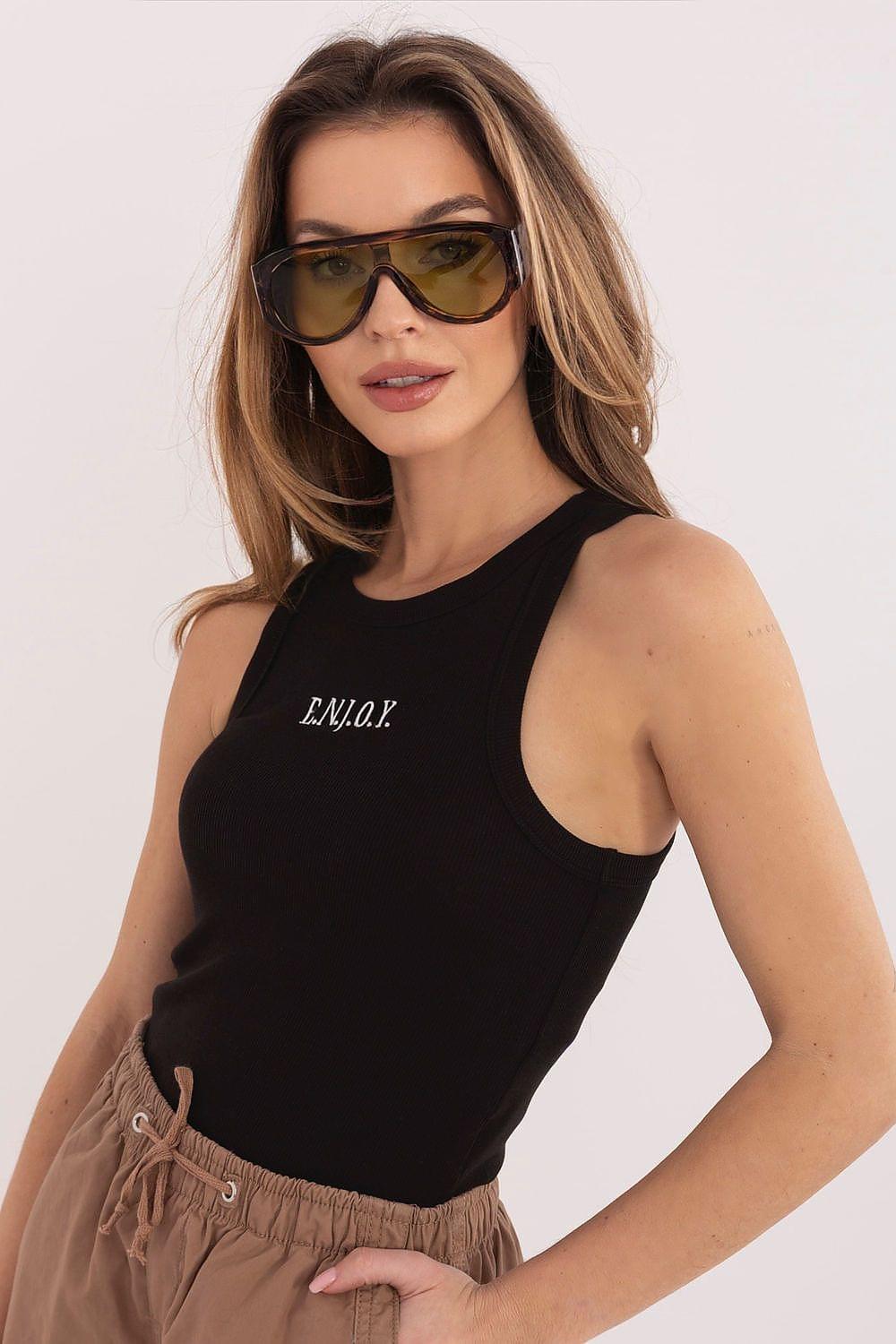 Black sleeveless tank top with ENJOY print on the chest