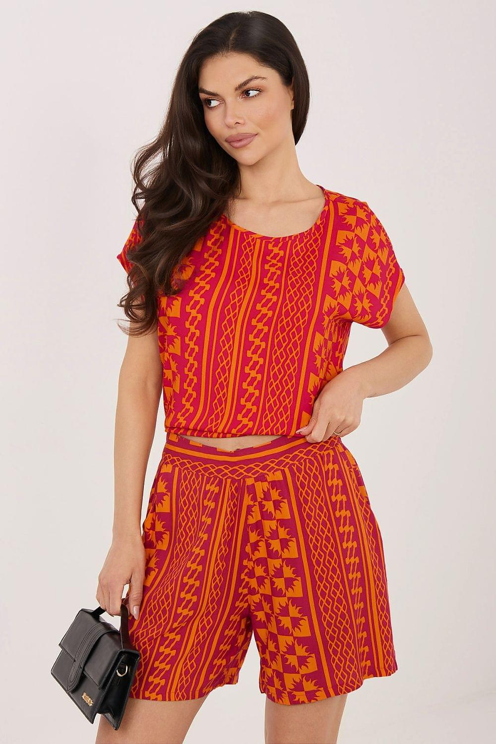 Red patterned elastic-waist shorts with geometric motif, front view