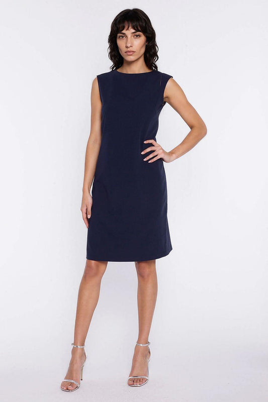 Navy blue sleeveless day dress with fitted waist seam