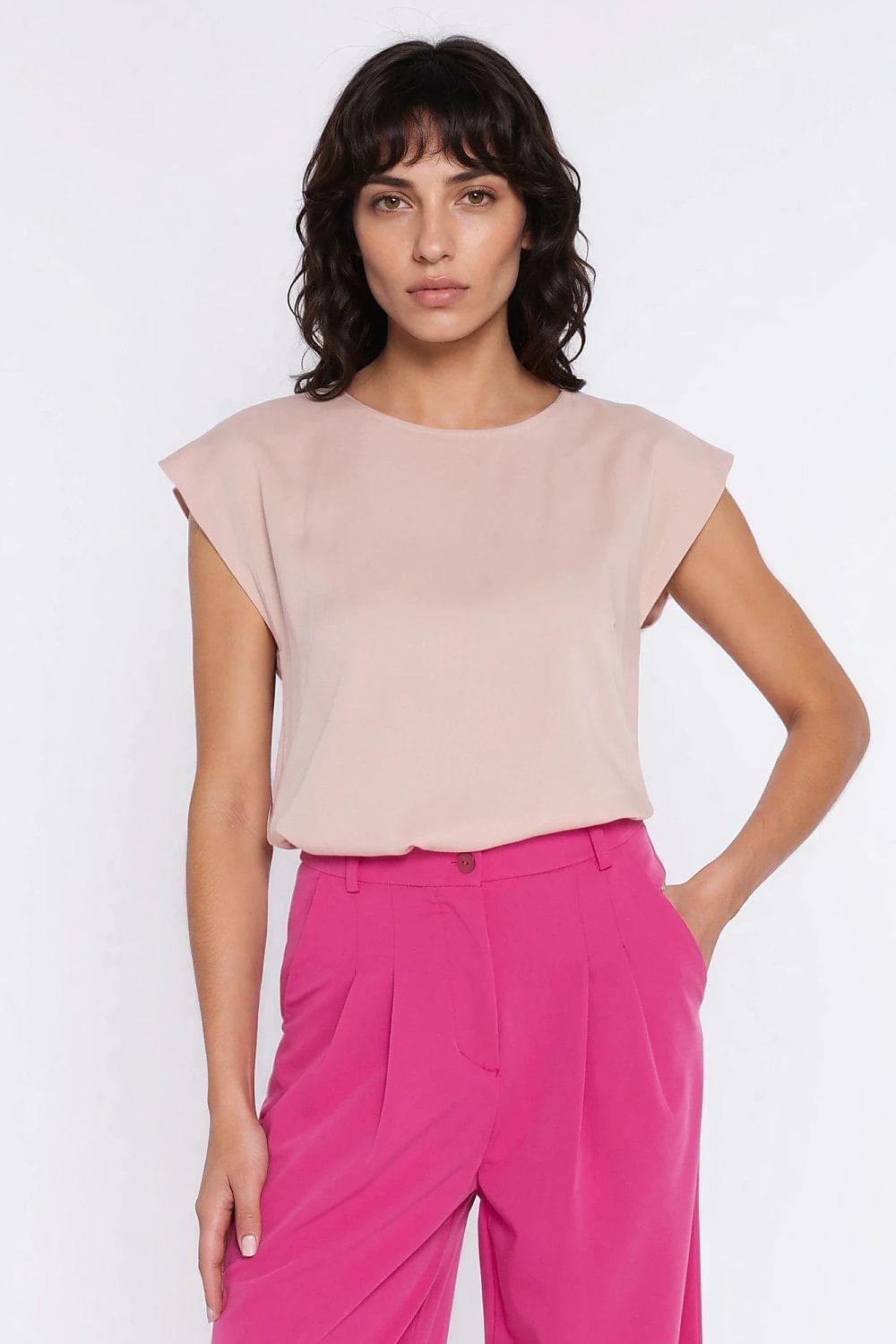 Beige short-sleeve blouse with simple hem and round neckline