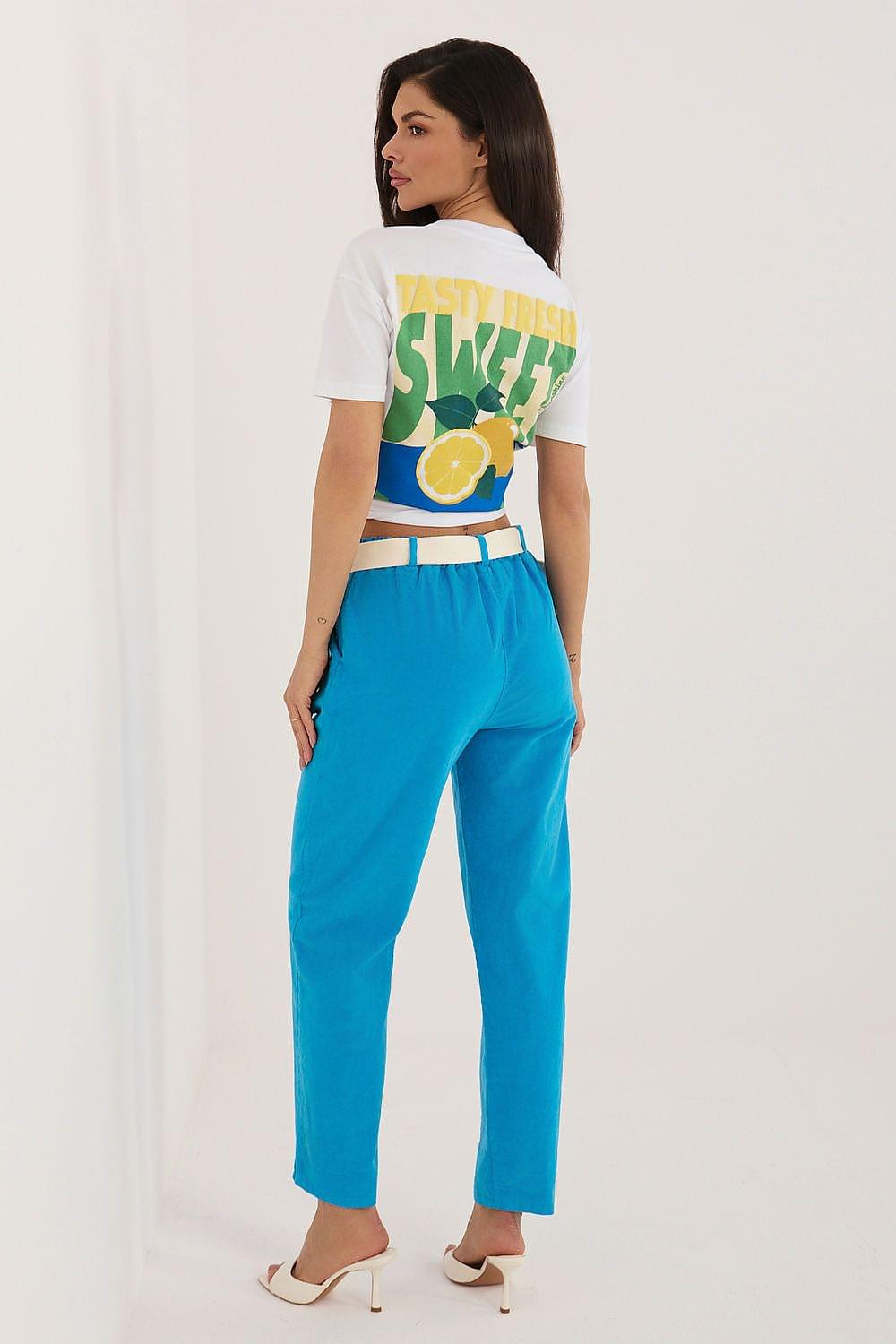 Blue corduroy trousers with belt, elastic waistband, tapered leg