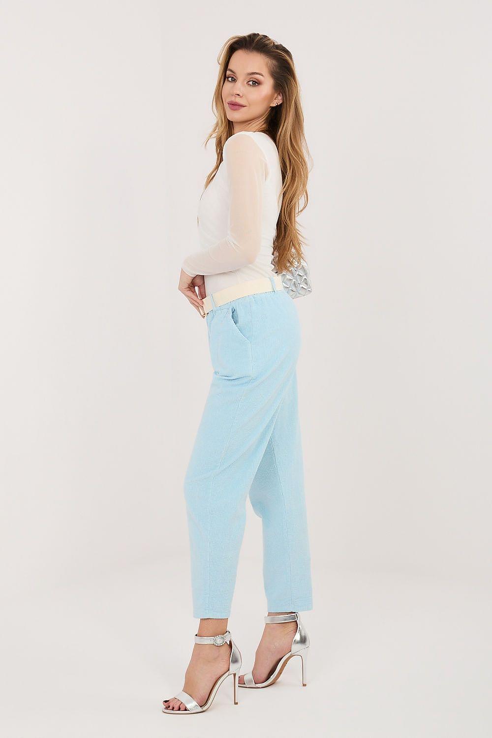 Light blue corduroy trousers, side view, ankle length with belt loops