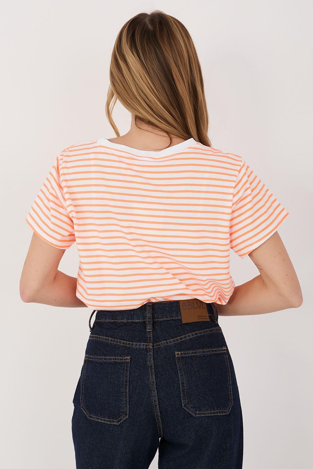 Pink and white striped T-shirt, back view with short sleeves