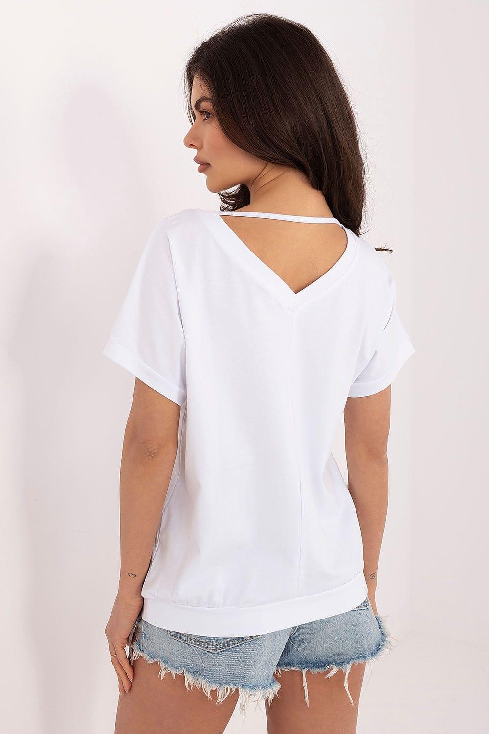 White blouse with open back V and short sleeves