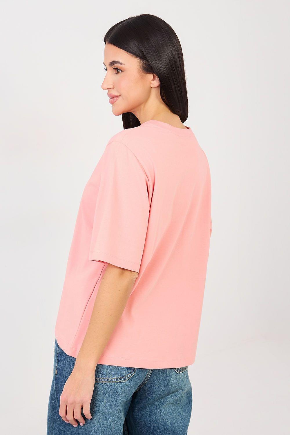Pink crew-neck T-shirt with short sleeves, side/back view
