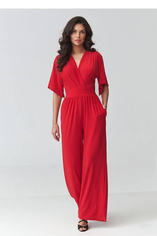 Red wide-leg V-neck jumpsuit with short sleeves, gathered waist, and side drape