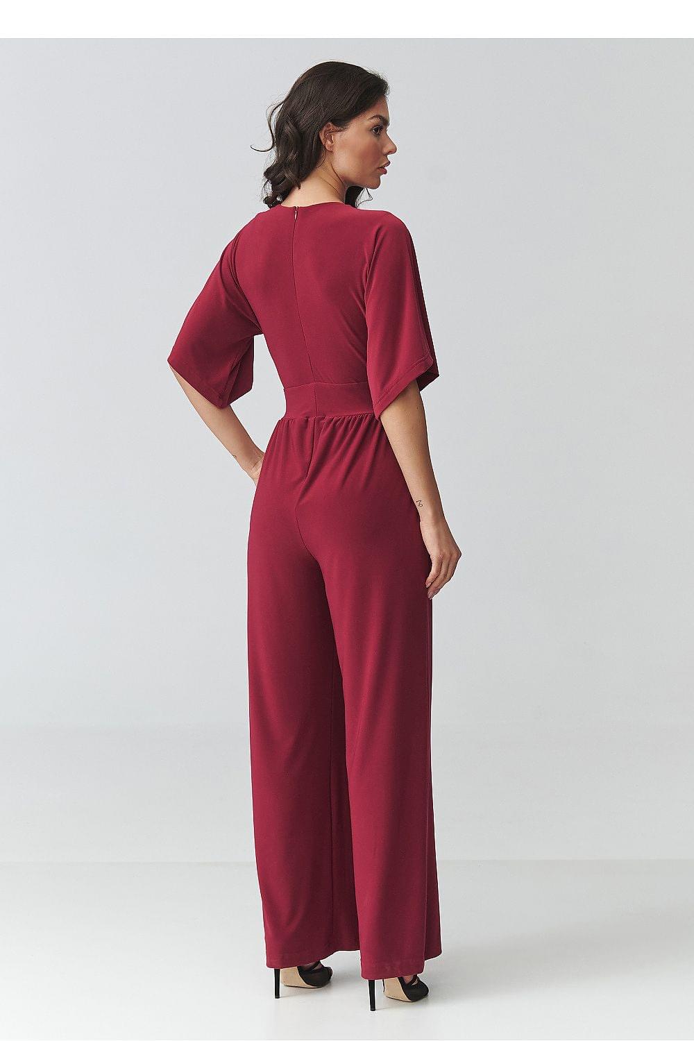 Burgundy V-neck belted jumpsuit, side/back view with gathered waist and wide sleeves