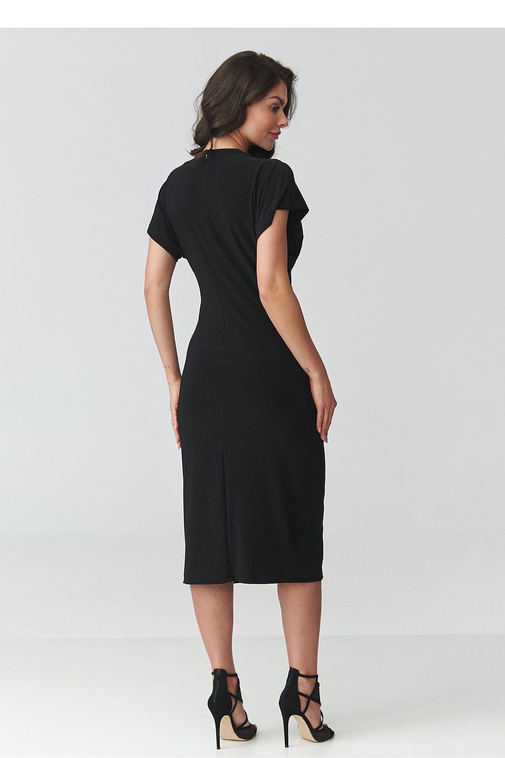 Black midi day dress with short sleeves and V-back detail, rear view