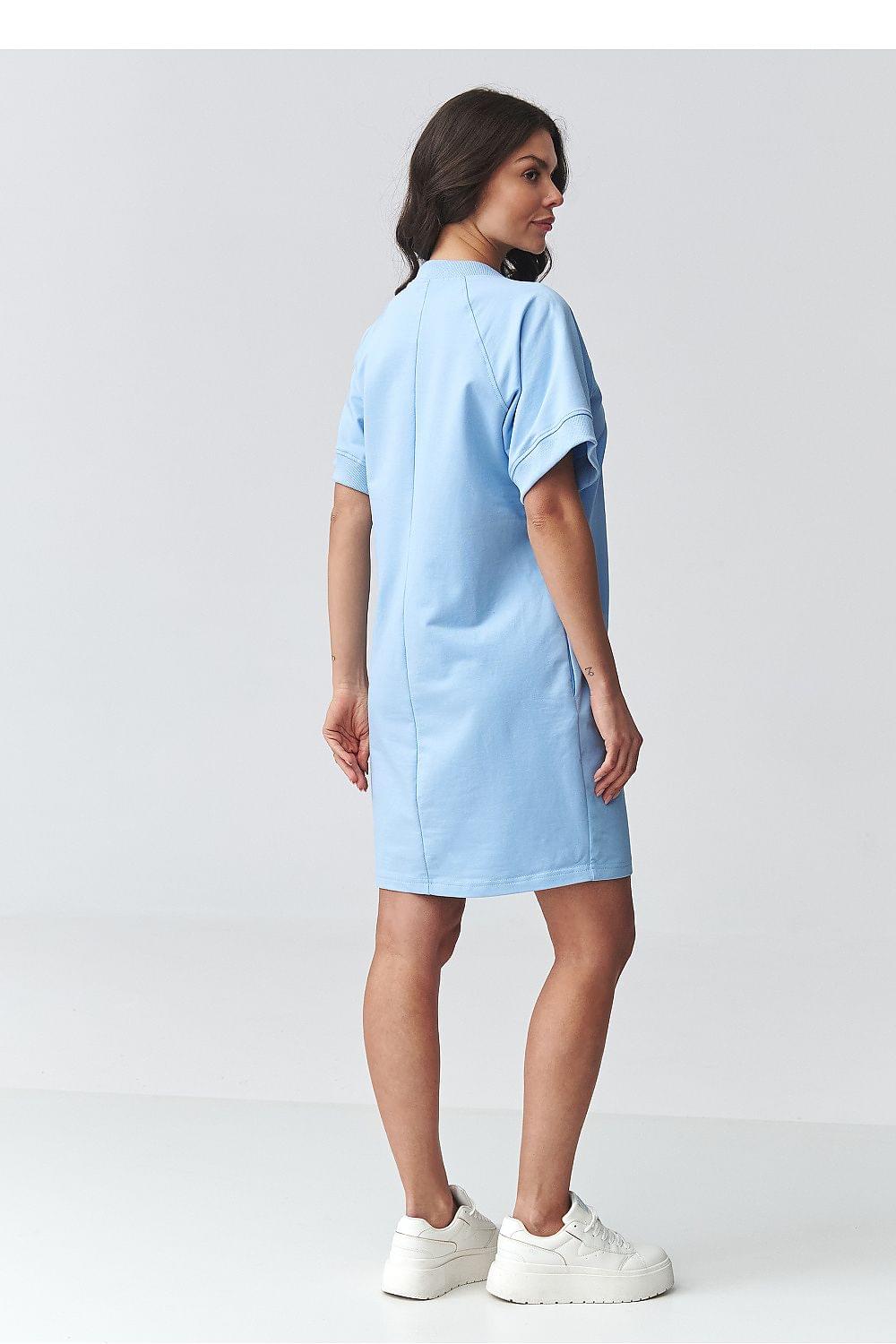 Light blue back-view day dress with short sleeves and straight above-knee hem