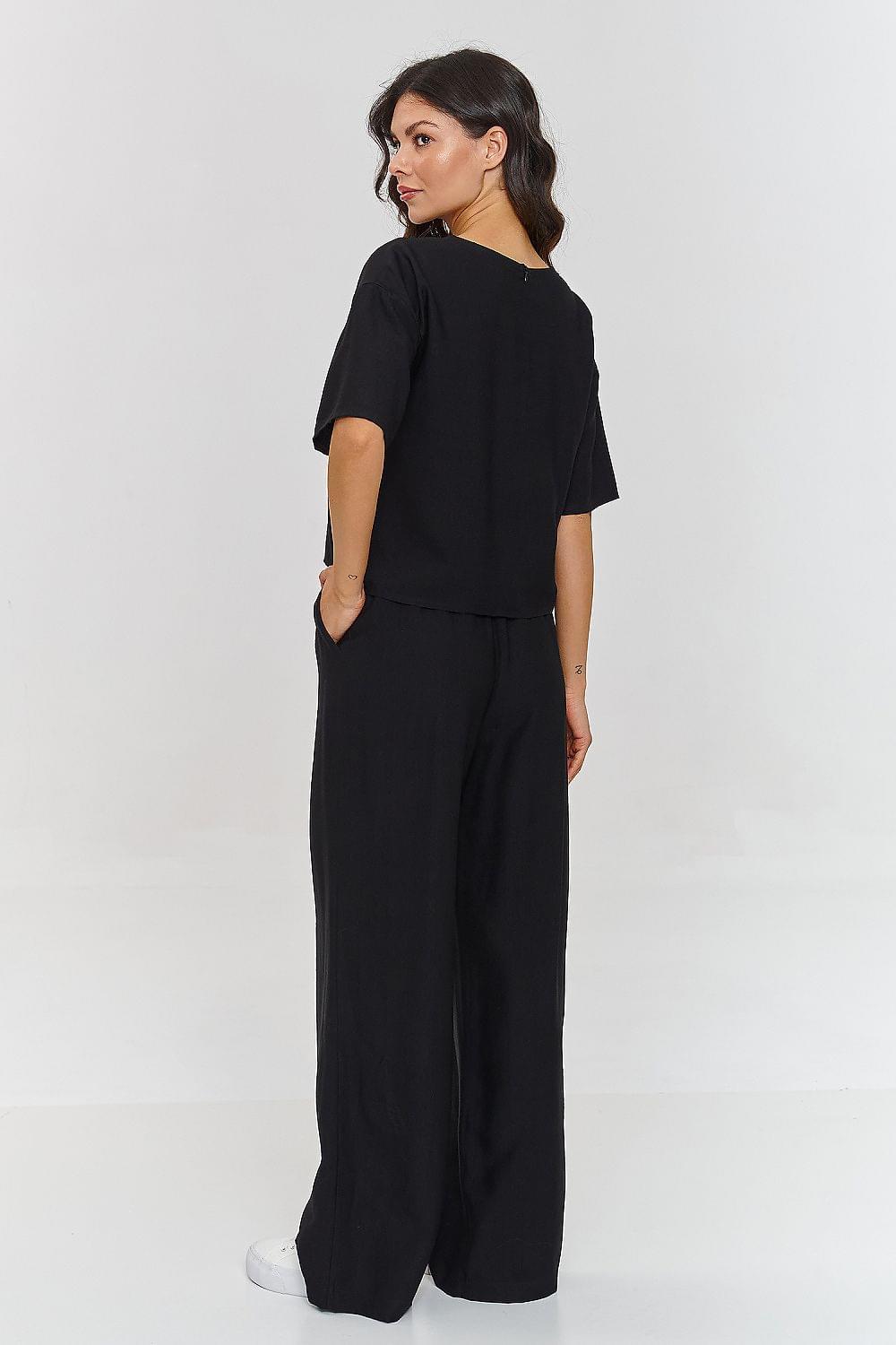 Black two-piece set with short-sleeve top and wide-leg trousers
