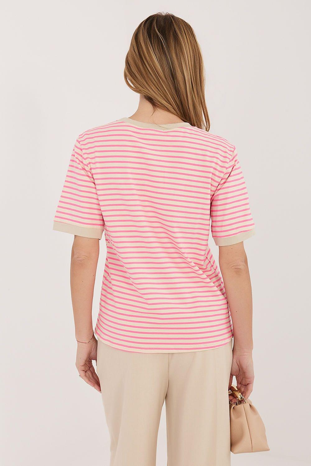 Pink and white striped crew-neck T-shirt with short sleeves, back view