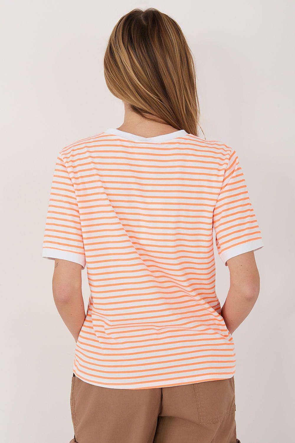 Orange-and-white striped T-shirt with short sleeves and crew neck, back view