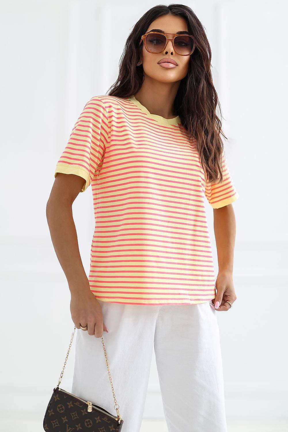 Yellow and orange striped T-shirt with crew neck and short sleeves