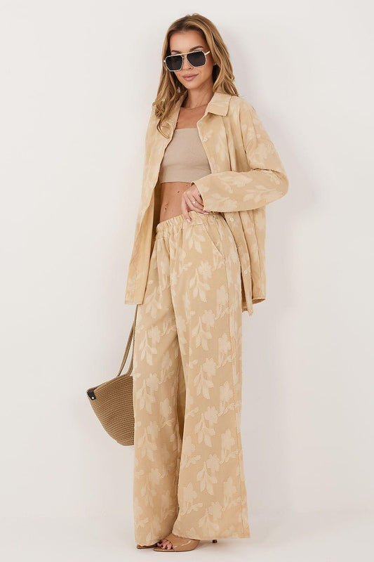 Beige 2-piece set with cropped top, long jacket, and wide-leg pants