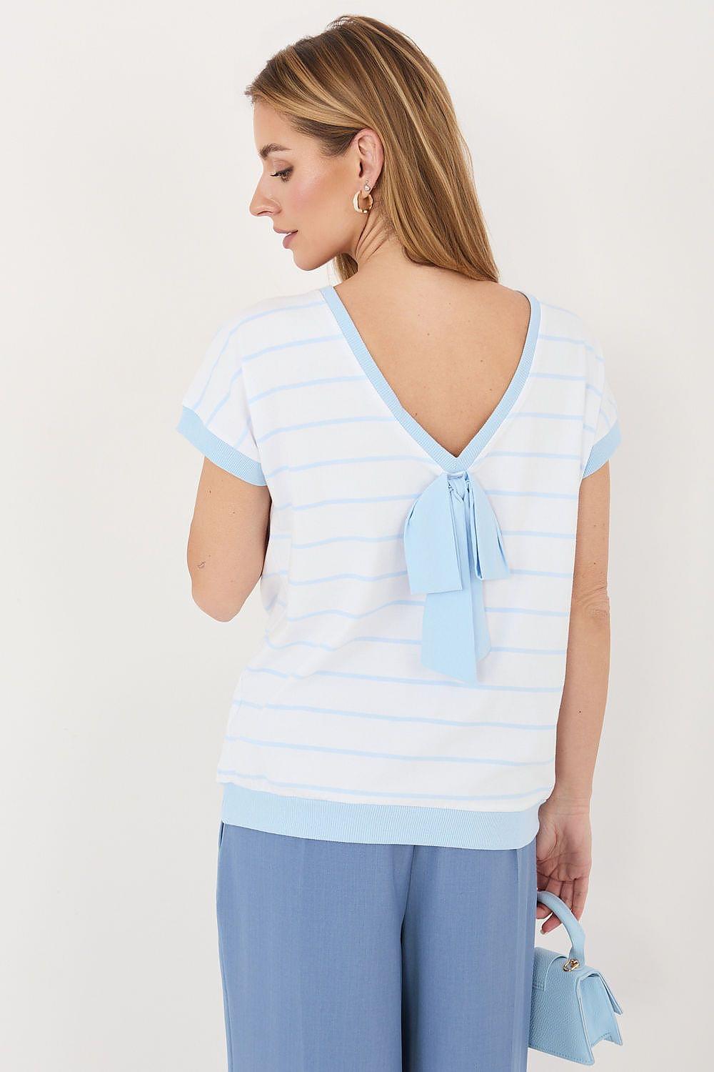 Back view striped blouse with open V back and light blue tie, white with light blue stripes