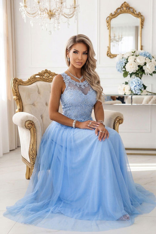Light blue long dress with lace bodice and full tulle skirt, sleeveless