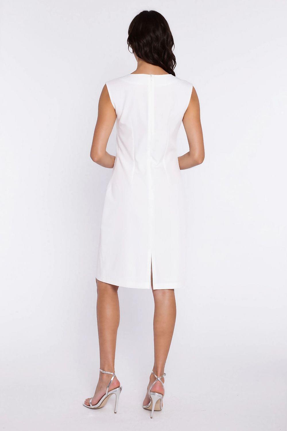 White sleeveless day dress back view with center seam and midi slit