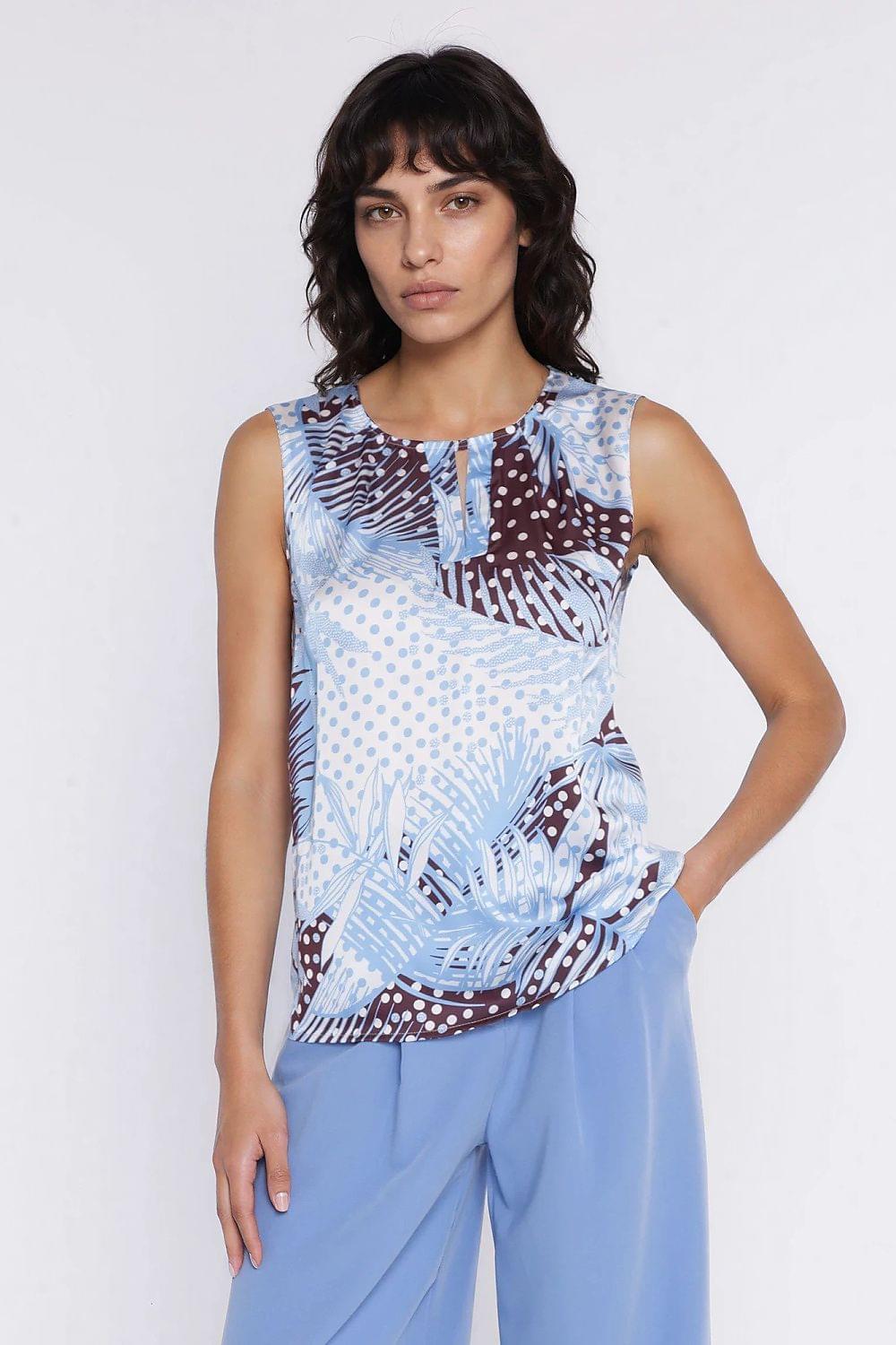 Sleeveless patterned blouse, blue/white/burgundy, front keyhole button placket