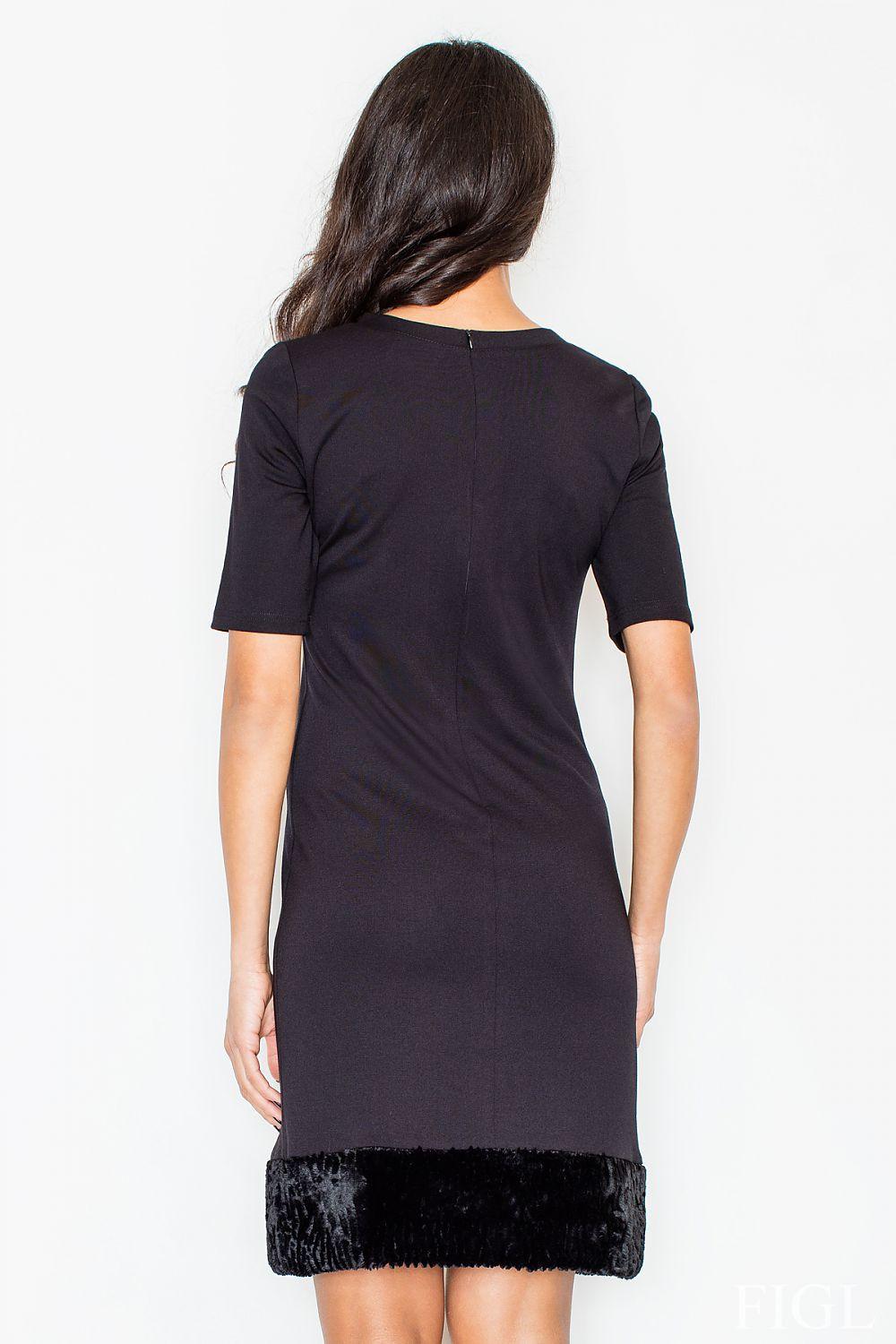 Dark short-sleeve daydress, back view, with black faux-fur hem trim