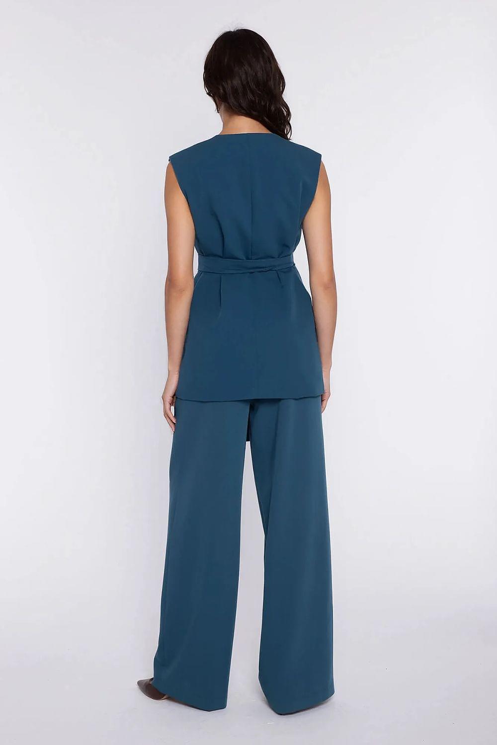 Nife women's wide-leg trousers, back view, dark teal.