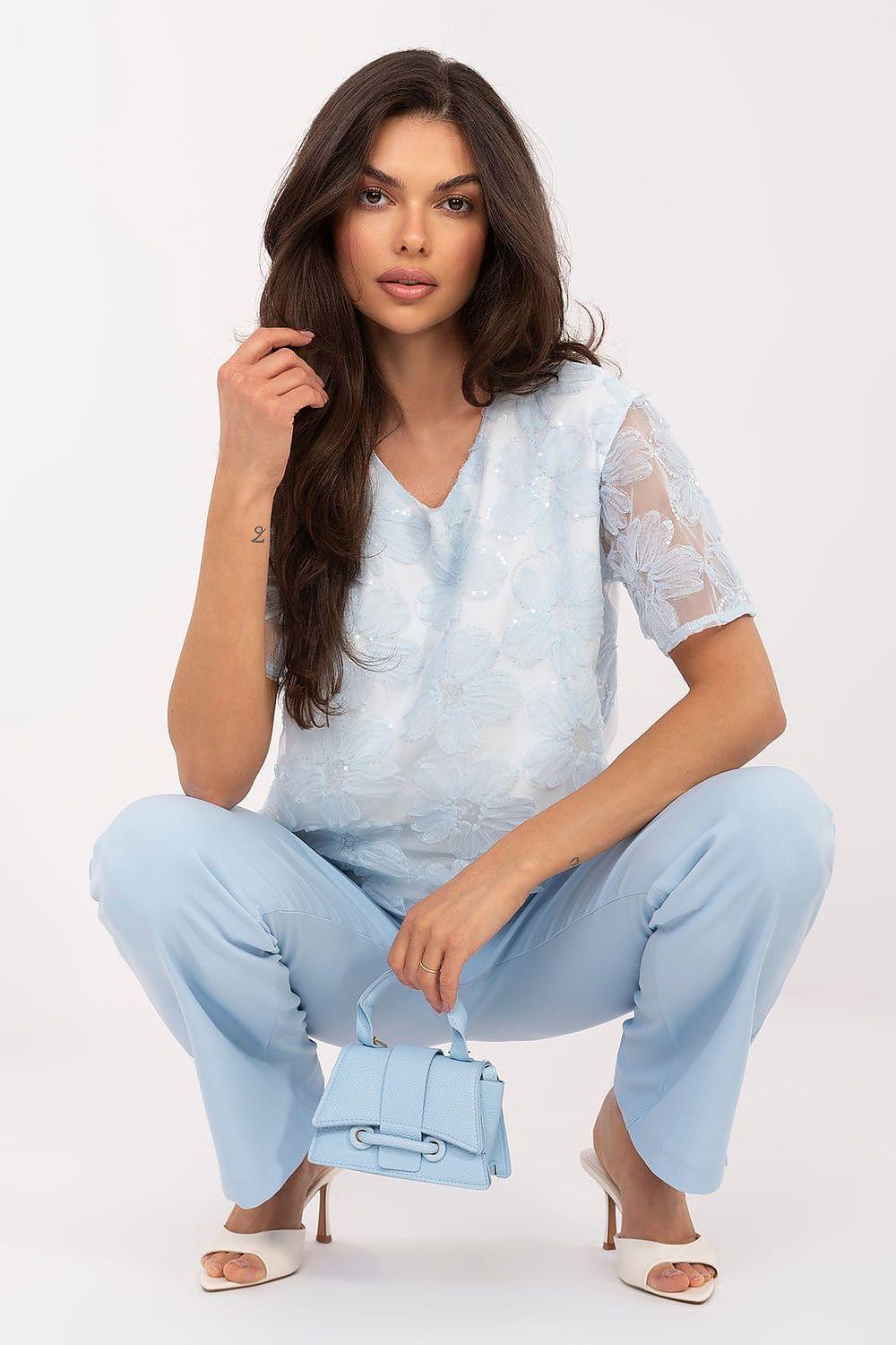 Light blue lace blouse with short sleeves, front view