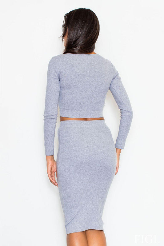 Grey two-piece long-sleeve crop top and pencil midi skirt, back view
