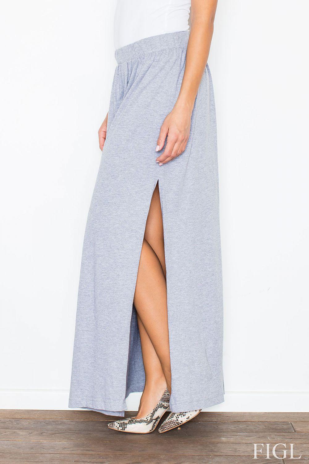 Grey maxi skirt with front slit and gathered elastic waistband
