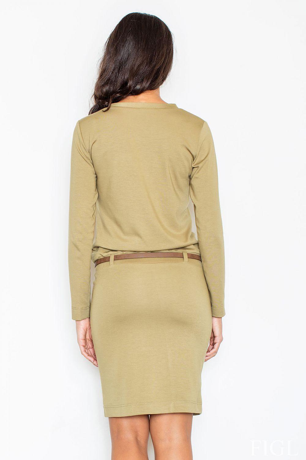 Back view of green daydress with long sleeves and straight skirt