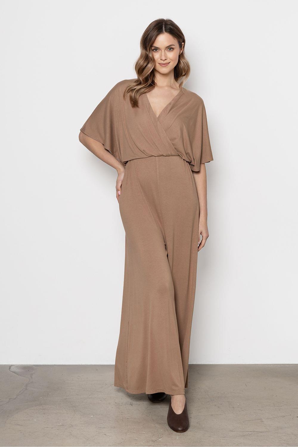 Taupe maxi wrap dress with V-neck and waist tie, short sleeves