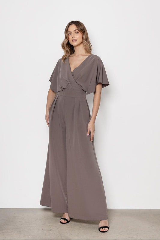 Dark taupe wrap jumpsuit with V-neck, short dolman sleeves, and wide-leg pants