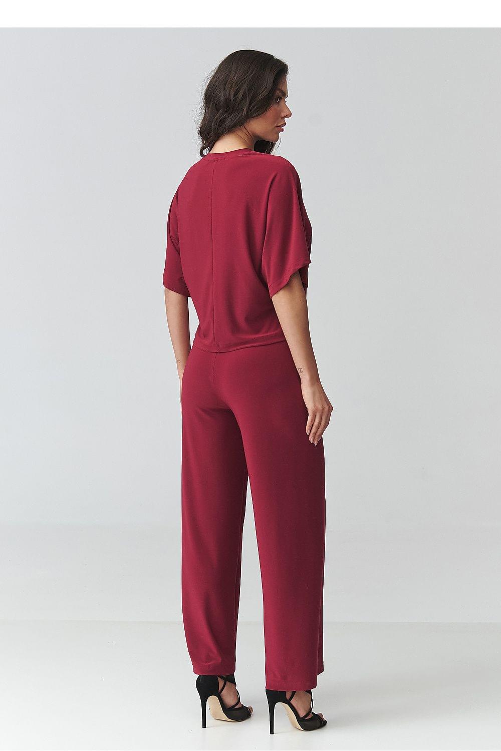 Burgundy two-piece pants set with elbow-sleeve top and ankle-length trousers, back view