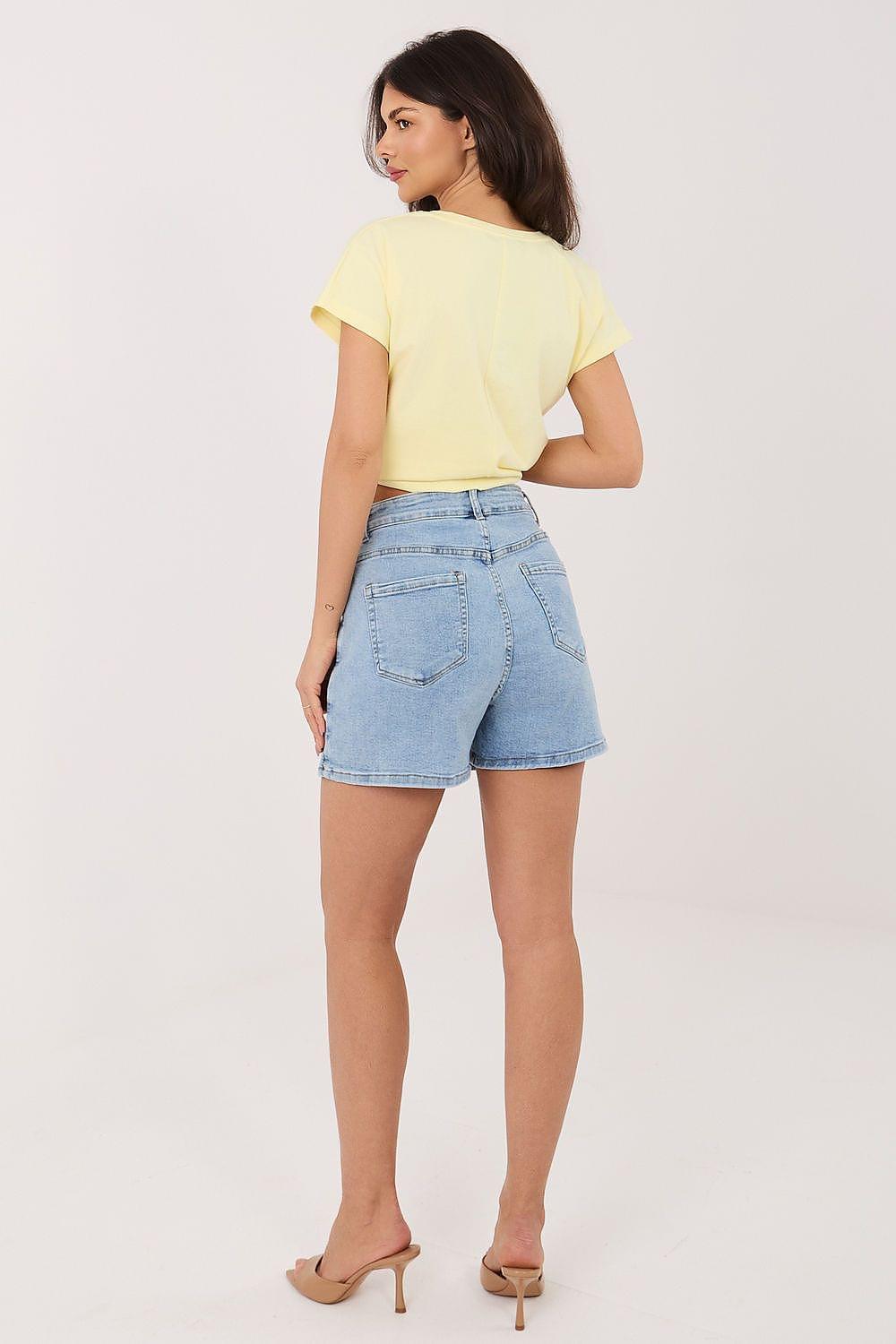 Light blue denim skort with stitched seams and high-rise waistband, back view