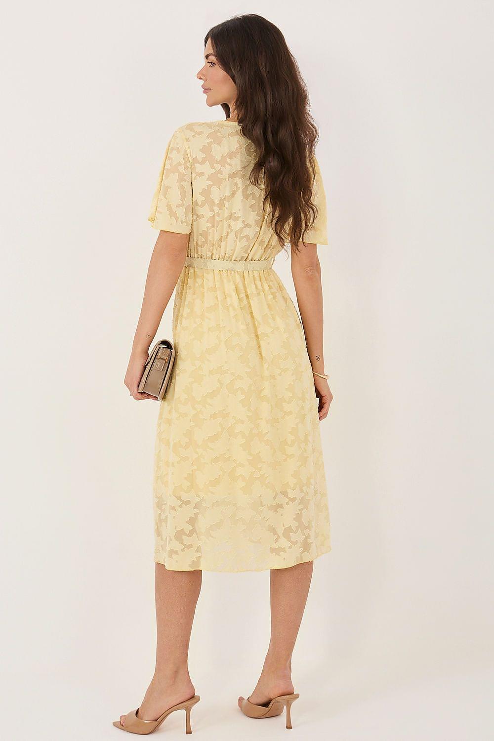 Yellow cocktail dress back view with short sleeves, belted waist and midi lace pattern