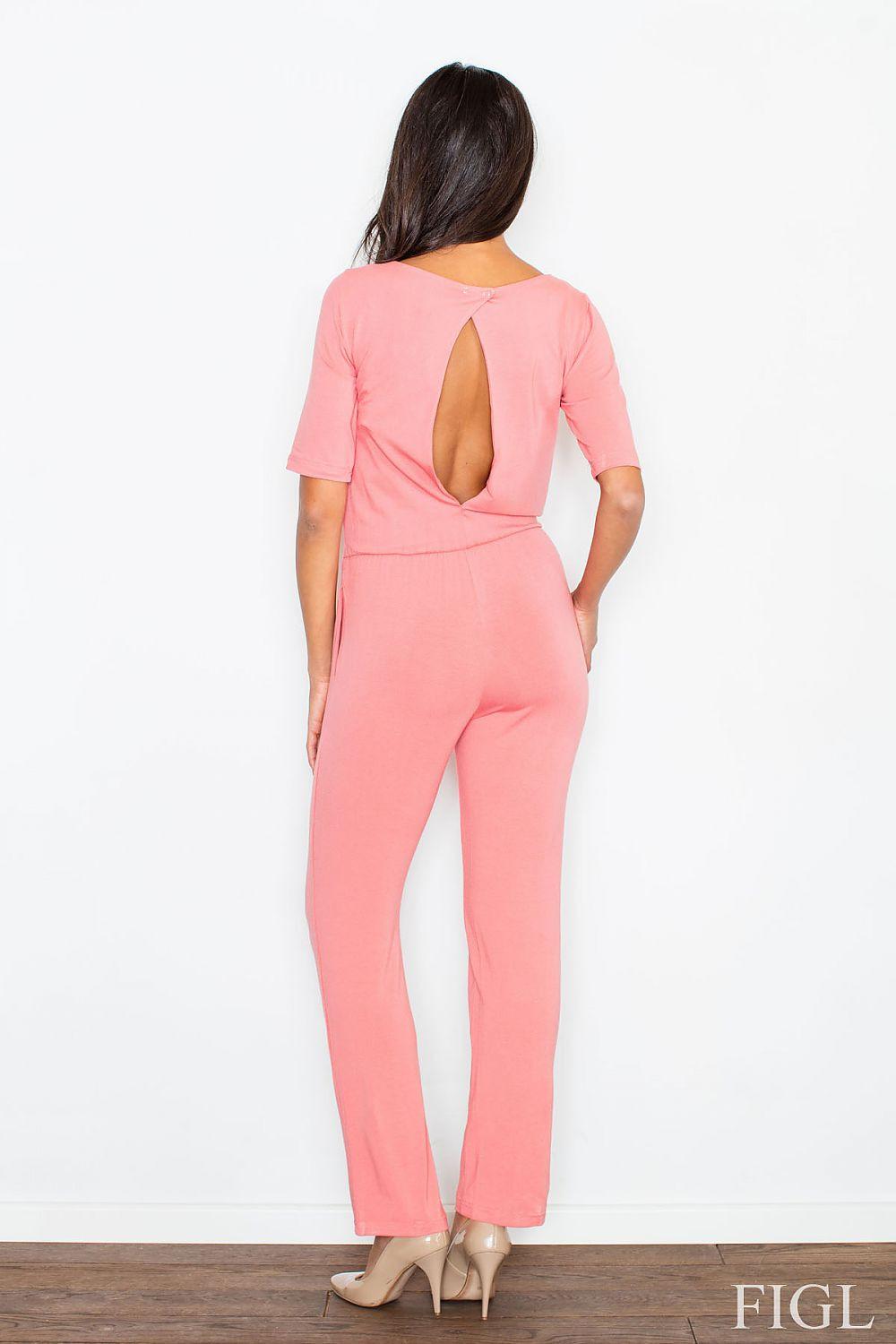 Pink jumpsuit with back keyhole cutout, short sleeves, and slim long legs