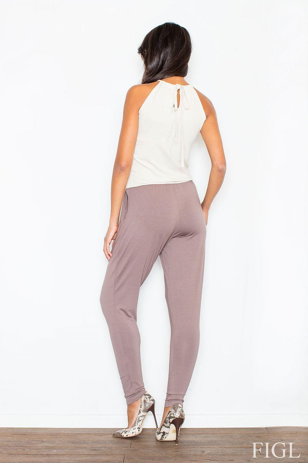 Halter top and pants set: white halter back tie, taupe tapered pants